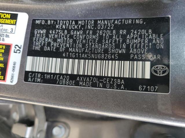 4T1G11AK5NU682645 - 2022 TOYOTA CAMRY SE GRAY photo 12