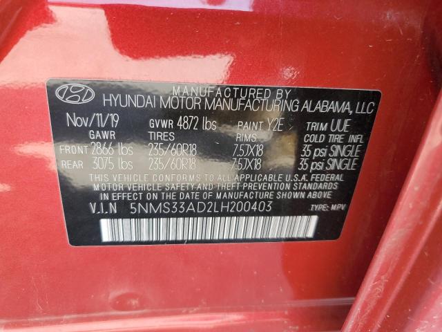 5NMS33AD2LH200403 - 2020 HYUNDAI SANTA FE SEL RED photo 13