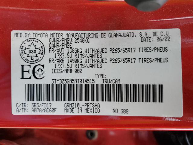 3TYDZ5BN5NT014515 - 2022 TOYOTA TACOMA DOUBLE CAB 红色 照片 12