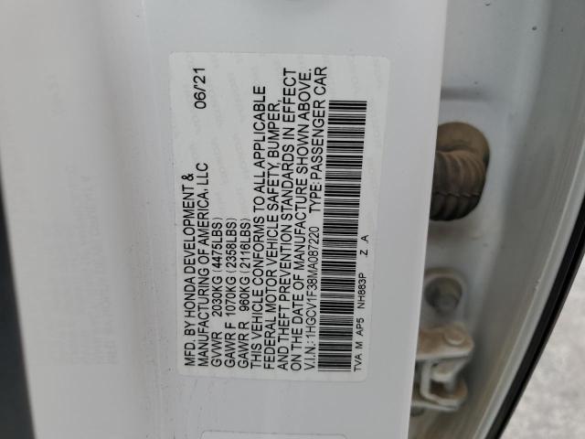 1HGCV1F38MA087220 - 2021 HONDA ACCORD SPORT WHITE photo 12