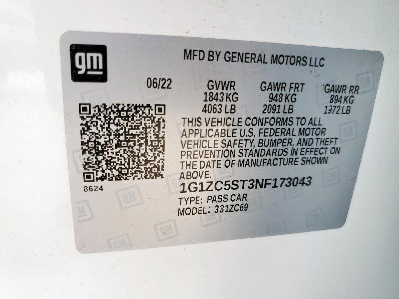 1G1ZC5ST3NF173043 - 2022 CHEV MALIBU LS WHITE photo 12