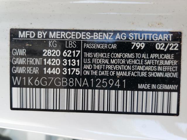 W1K6G7GB8NA125941 - 2022 MERCEDES-BENZ S 580 4MATIC WHITE photo 13