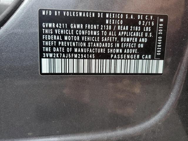 3VW2K7AJ5FM294145 - 2015 VOLKSWAGEN JETTA BASE 灰色 照片 12