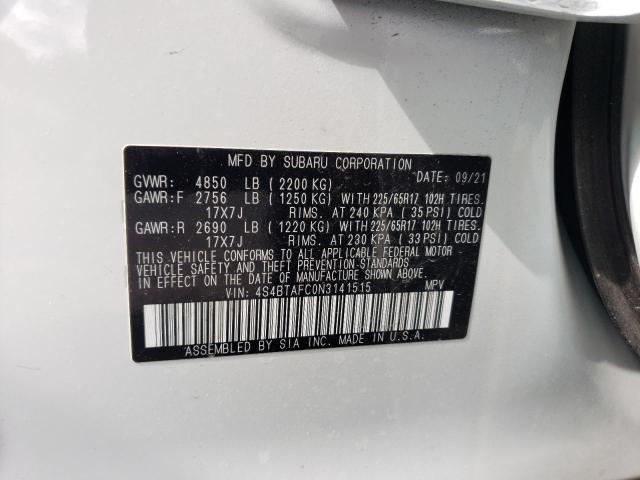 4S4BTAFC0N3141515 - 2022 SUBARU OUTBACK PREMIUM WHITE photo 12