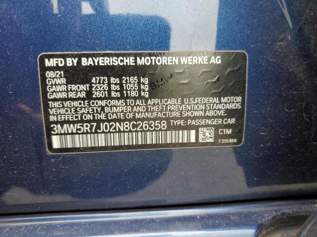 3MW5R7J02N8C26358 - 2022 BMW 330XI BLUE photo 12