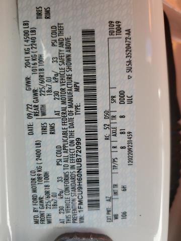 1FMCU9H60NUB72099 - 2022 FORD ESCAPE SEL WHITE photo 14