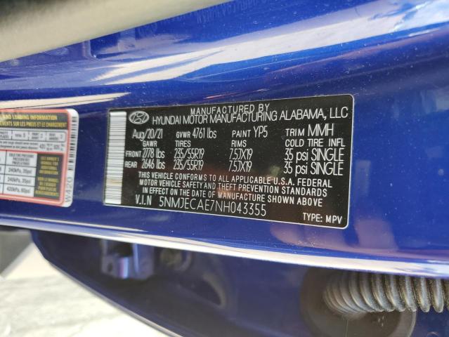 5NMJECAE7NH043355 - 2022 HYUNDAI TUCSON LIMITED BLUE photo 14