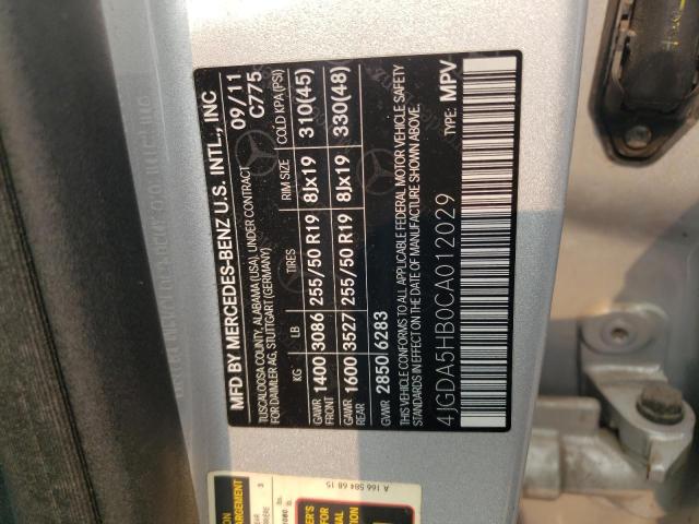 4JGDA5HB0CA012029 - 2012 MERCEDES-BENZ ML 350 4MATIC SILVER photo 12