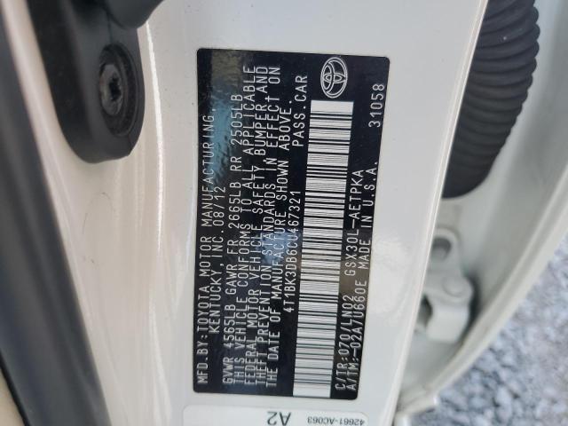 4T1BK3DB6CU467321 - 2012 TOYOTA AVALON BASE WHITE photo 12