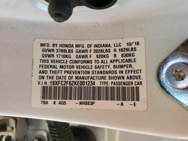 19XFC2F62KE001234 - 2019 HONDA CIVIC LX WHITE photo 12