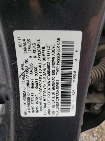 2HGFC2F72JH502931 - 2018 HONDA CIVIC EX GRAY photo 12