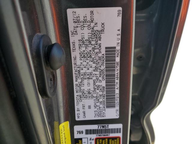 5TFJU4GN9CX027680 - 2012 TOYOTA TACOMA DOUBLE CAB PRERUNNER GRAY photo 12