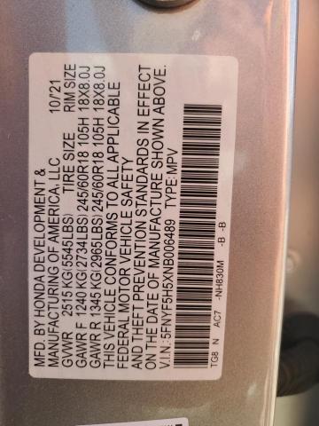 5FNYF5H5XNB006489 - 2022 HONDA PILOT EXL ვერცხლისფერი ფოტო 13