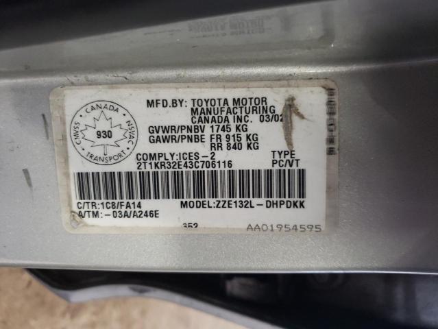 2T1KR32E43C706116 - 2003 TOYOTA COROLLA MA XR SILVER photo 12