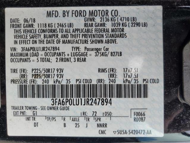 3FA6P0LU1JR247894 - 2018 FORD FUSION SE HYBRID BLACK photo 12