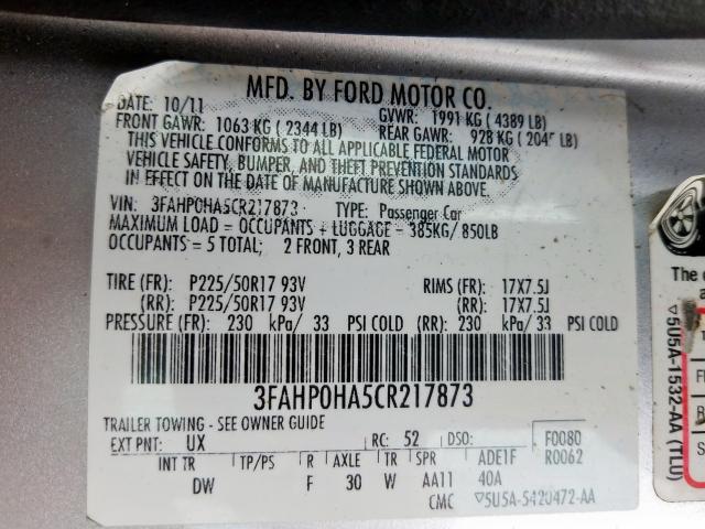 3FAHP0HA5CR217873 - 2012 FORD FUSION SE  photo 10