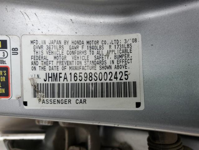 JHMFA16598S002425 - 2008 HONDA CIVIC LX SILVER photo 12