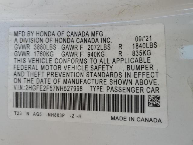 2HGFE2F57NH527998 - 2022 HONDA CIVIC SPORT 白色 照片 12