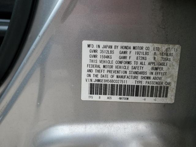 JHMGE8H56BC027511 - 2011 HONDA FIT SPORT SILVER photo 12