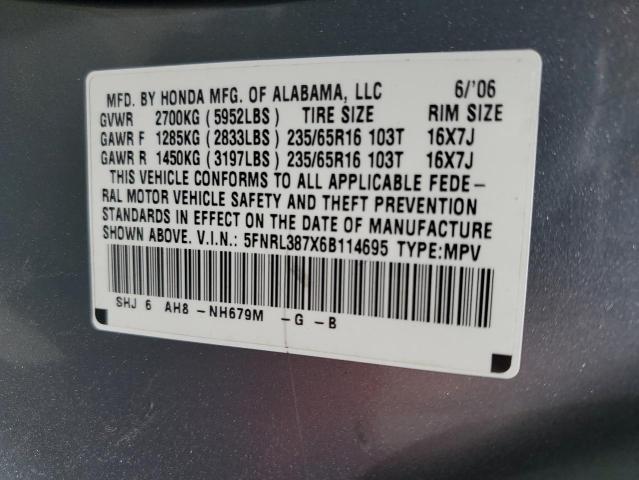 5FNRL387X6B114695 - 2006 HONDA ODYSSEY EXL BLUE photo 13