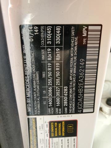 4JGDA5HB2EA362149 - 2014 MERCEDES-BENZ ML 350 4MATIC WHITE photo 12