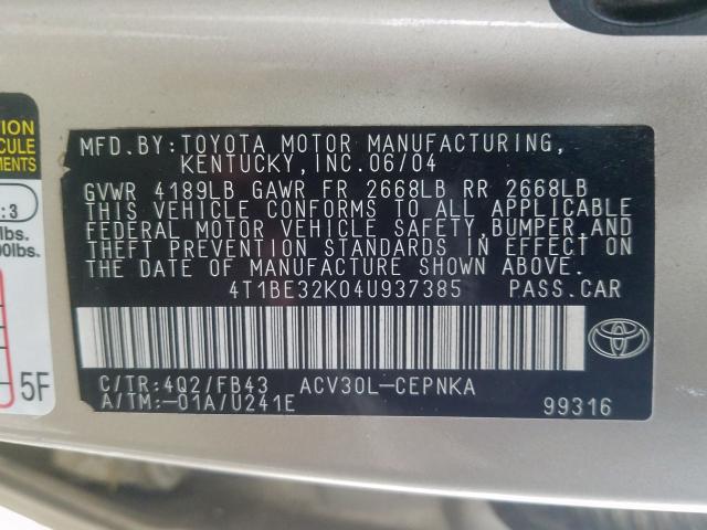4T1BE32K04U937385 - 2004 TOYOTA CAMRY LE  photo 10