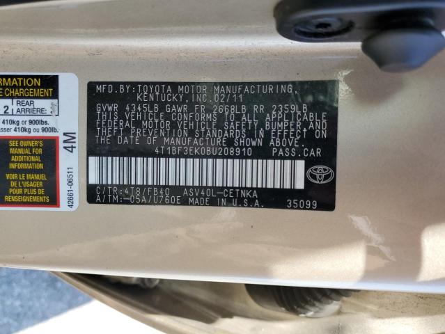 4T1BF3EK0BU208910 - 2011 TOYOTA CAMRY BASE BEIGE photo 12