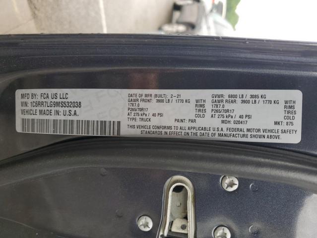 1C6RR7LG9MS532038 - 2021 RAM 1500 CLASS SLT გრაფიტი ფოტო 12