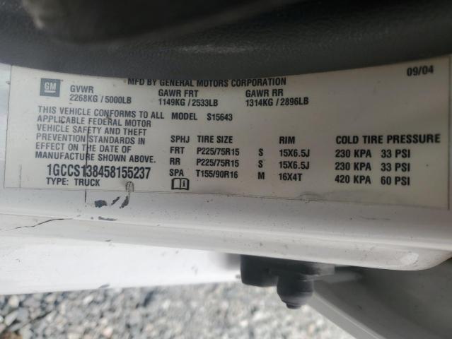 1GCCS138458155237 - 2005 CHEVROLET COLORADO WHITE photo 12