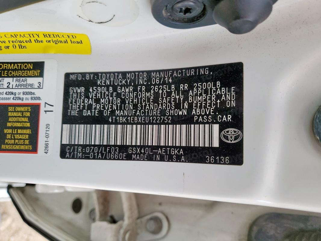 4T1BK1EBXEU122752 - 2014 TOYOTA AVALON BASE WHITE photo 13