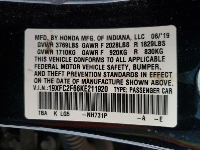 19XFC2F66KE211920 - 2019 HONDA CIVIC 4D LX BLACK photo 12
