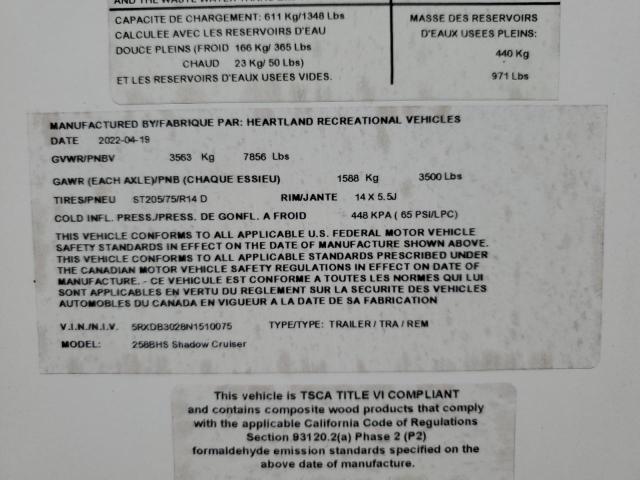 5RXDB3028N1510075 - 2022 HEARTLAND SHADOWCRSR Білий фото 10