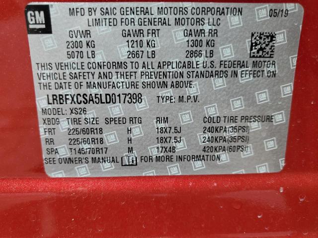 LRBFXCSA5LD017398 - 2020 BUICK ENVISION ESSENCE Қызыл фото 13