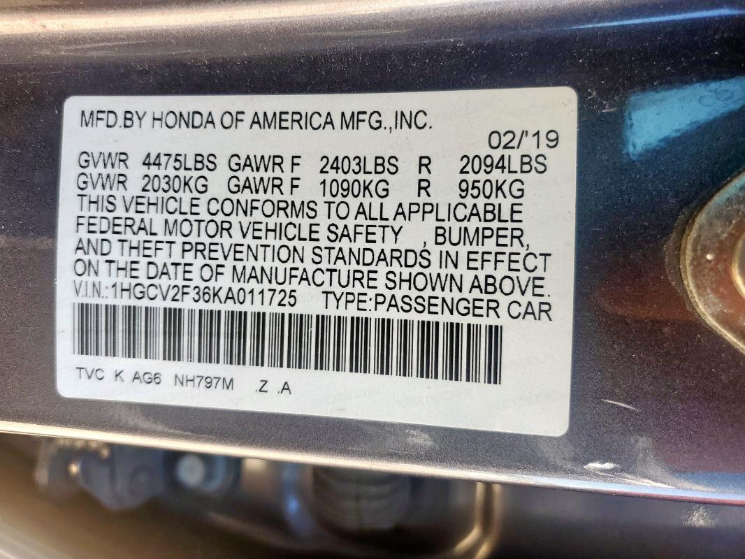 1HGCV2F36KA011725 - 2019 HONDA ACCORD SPORT Темно-сірий фото 12