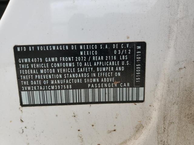 3VW2K7AJ1CM397588 - 2012 VOLKSWAGEN JETTA BASE 白色 照片 12