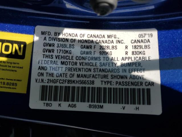 2HGFC2F89KH566538 - 2019 HONDA CIVIC SPORT 蓝色 照片 12