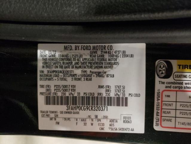 3FAHP0CG9CR320371 - 2012 FORD FUSION SEL BLACK photo 12