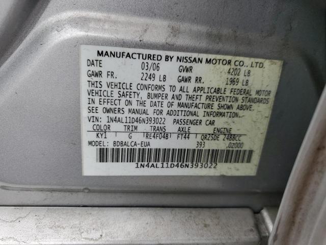 1N4AL11D46N393022 - 2006 NISSAN ALTIMA S SILVER photo 12