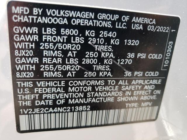 1V2JE2CA4NC213852 - 2022 VOLKSWAGEN ATLAS CROS SE WHITE photo 13