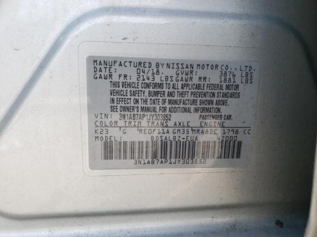 3N1AB7AP1JY303852 - 2018 NISSAN SENTRA S SILVER photo 12