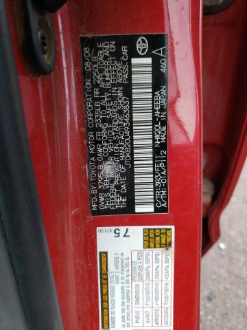 JTDKB20U493463837 - 2009 TOYOTA PRIUS RED photo 12