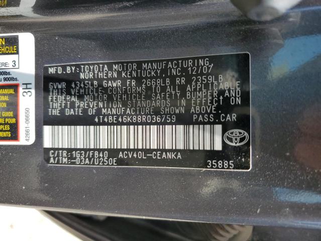 4T4BE46K88R036759 - 2008 TOYOTA CAMRY CE GRAY photo 12