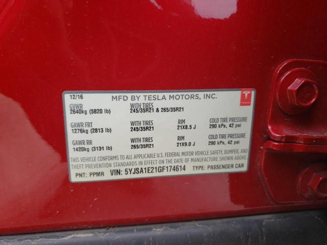 5YJSA1E21GF174614 - 2016 TESLA MODEL S Կարմիր լուսանկար 13