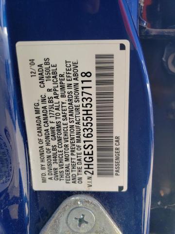2HGES16355H537118 - 2005 HONDA CIVIC DX VP Mavi foto 12