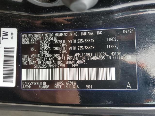 5TDGZRBH7MS112759 - 2021 TOYOTA HIGHLANDER XLE Սև լուսանկար 13