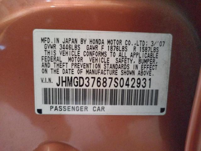 JHMGD37687S042931 - 2007 HONDA FIT S ნარინჯისფერი ფოტო 12