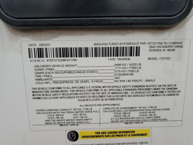 4YDF37325MF811199 - 2021 KEYSTONE TRAILER WHITE photo 10