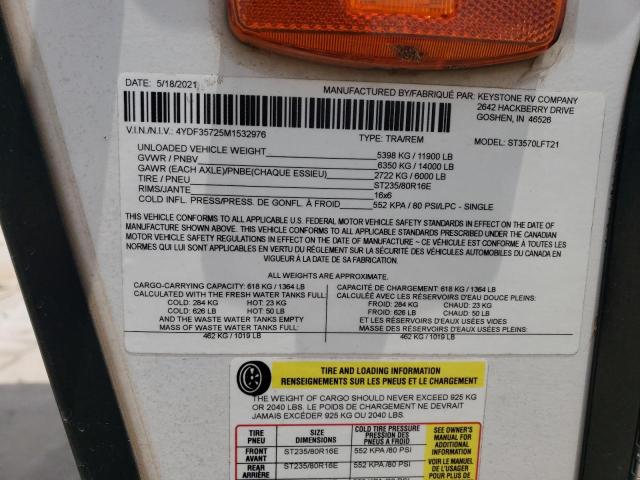 4YDF35725M1532976 - 2021 KEYSTONE SPRINTER WHITE photo 10