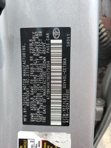 4T1BK46K18U575954 - 2008 TOYOTA CAMRY LE SILVER photo 12