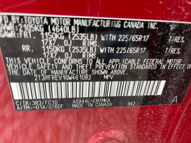 2T3RFREV1GW461082 - 2016 TOYOTA RAV4 XLE RED photo 10